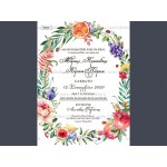 Προσκλητήριο γάμου με tropical θέμα σε έντονους χρωματισμούς.