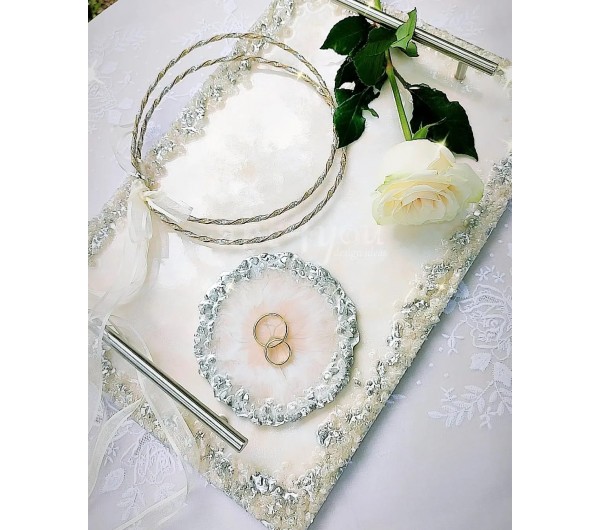 Δίσκος γάμου υγρό γυαλί με ασημί λεπτομέρειες 