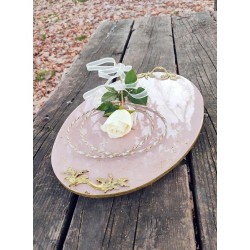 Οβάλ γαμήλιος δίσκος, ξύλινος με υγρό γυαλί και φύλλα χρυσού dusty pink