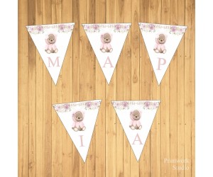 Σημαιάκια Βάπτισης Τρίγωνα με θέμα Ροζ Αρκουδάκι