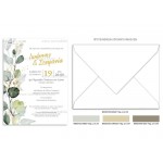 Προσκλητήριο γάμου με greenery design και χρυσαφί λεπτομέρειες.