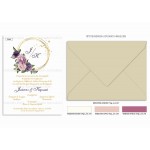 Προσκλητήριο γάμου με κυκλικό στεφανάκι, μοβ λουλούδια και χρυσές λεπτομέρειες